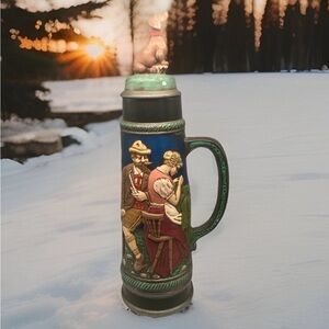 VTG 18.5” German Pub Barware Hand Painted Ceramic Tankard Stein w’Dog Lid 18.5”